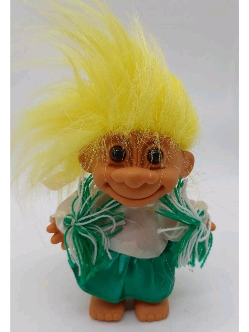 Russ Cheerleader Yellow Hair Troll Doll Green White Uniform Vintage 5"